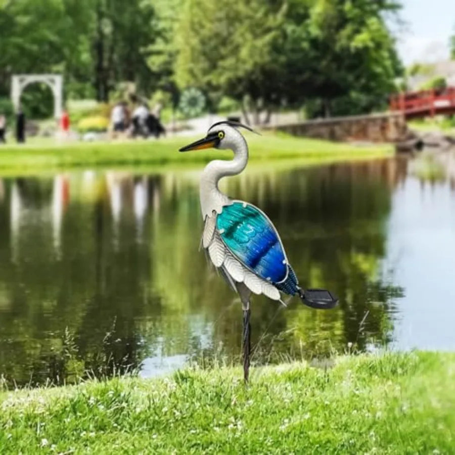 Solar Metal Crane or Pelican Statue Garden Heron Sculpture Yard Art