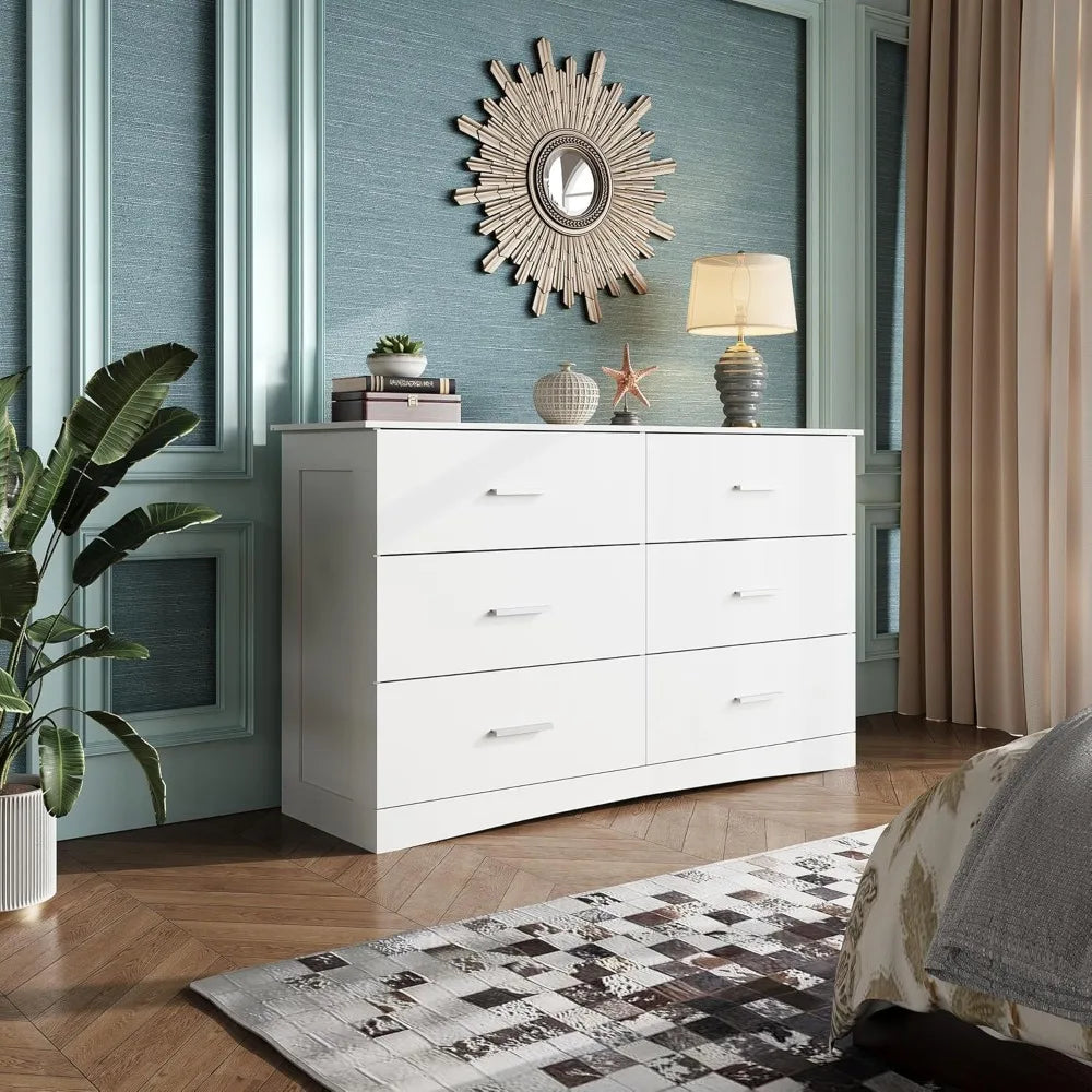 Exquisite White Dresser with 6 Drawers, Wide Wooden Chest of Drawers for Bedroom, Large White Storage Tower Unit