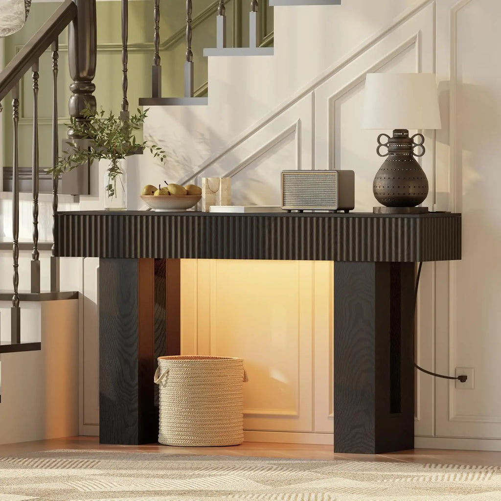Lights up! 60in Power Outlet RGB Console Table, Thick Wood
