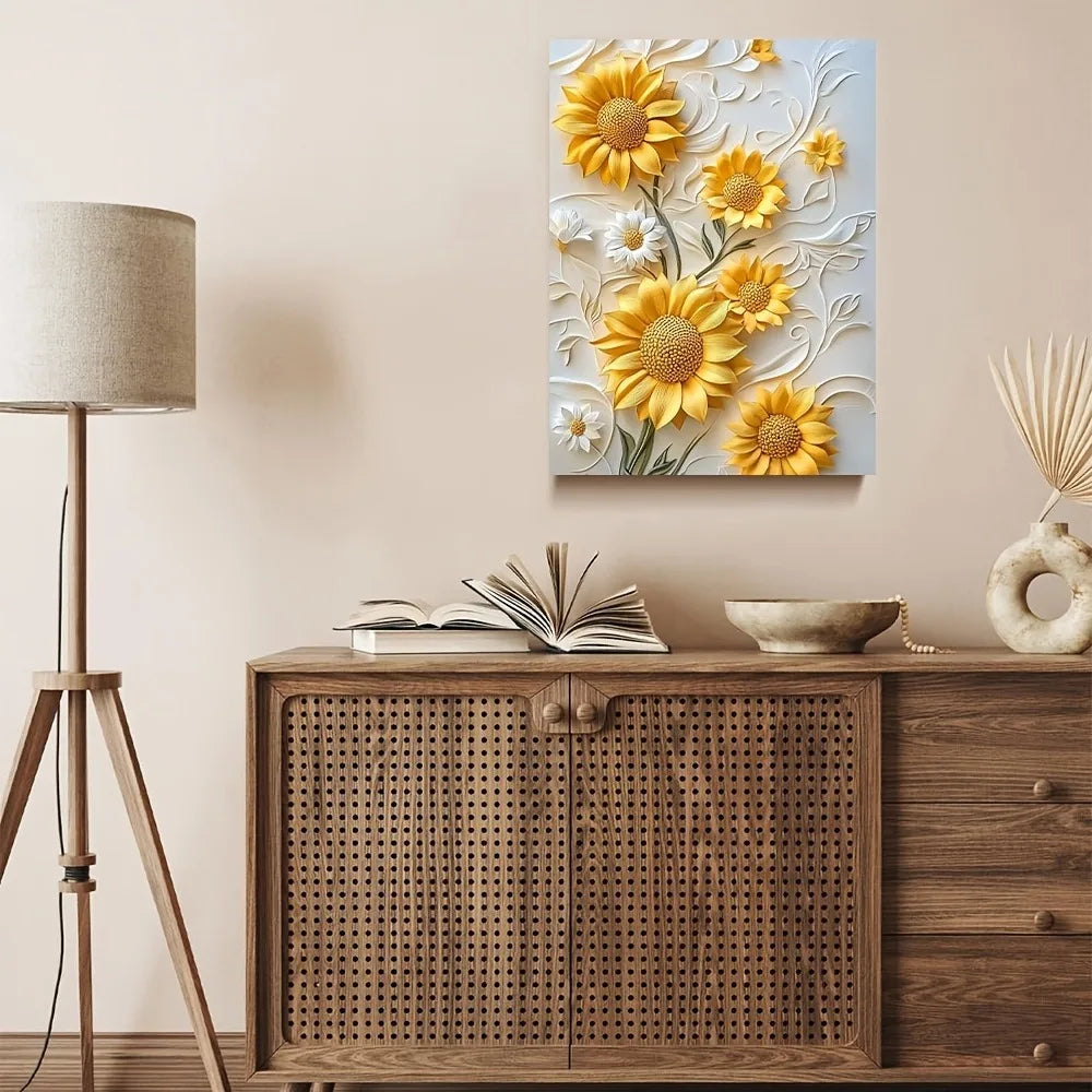 3D relief sunflower canvas art with wood frame, vivid yellow wall printing