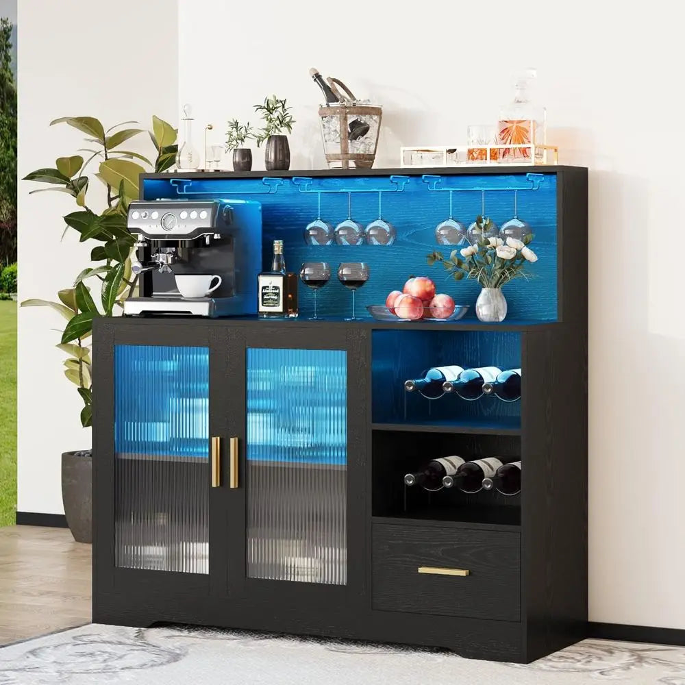 Modern Black LED-lit Home Bar Cabinet with Storage