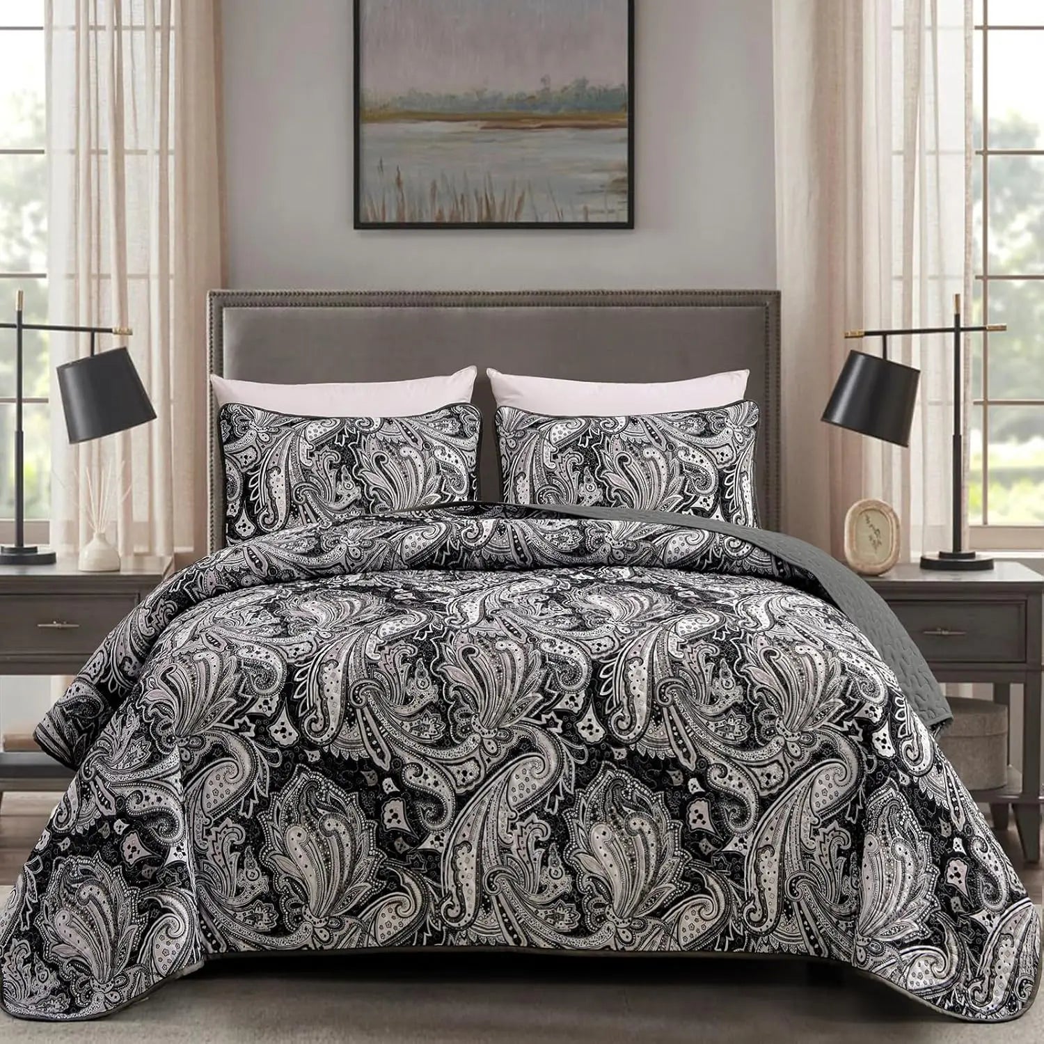 King Size Black Paisley Quilt Set, 3-Piece Boho Bedspread