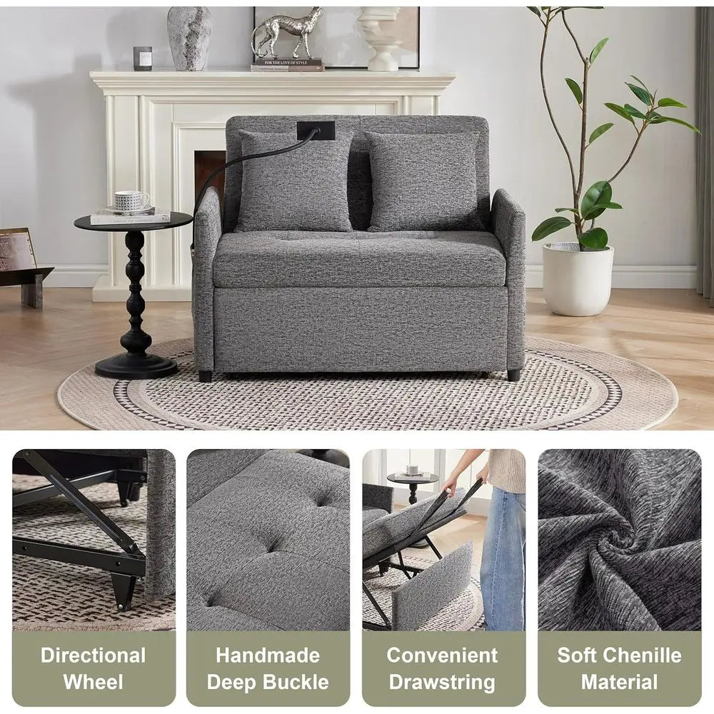 Hot-sellingConvertible Sofa Bed with USB Ports, 3-in-1 Sleeper, Grey