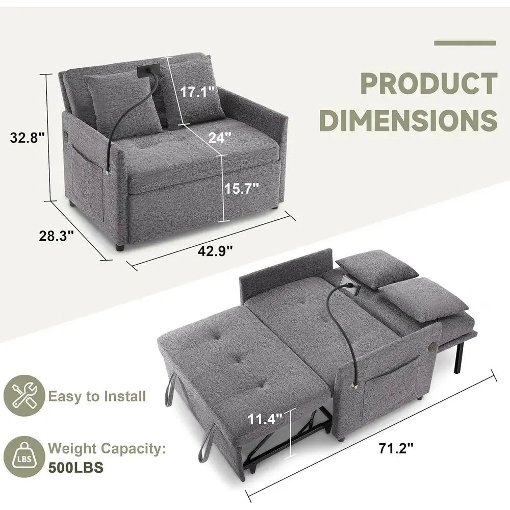 Hot-sellingConvertible Sofa Bed with USB Ports, 3-in-1 Sleeper, Grey