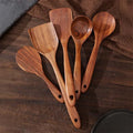 Kitchen Luxury Teak Wood Utensil Set 5-Piece Cooking Ensemble Including Spoons, Server, Scraper & Spatula
