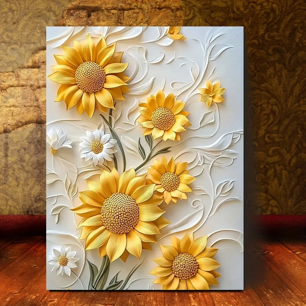 3D relief sunflower canvas art with wood frame, vivid yellow wall printing