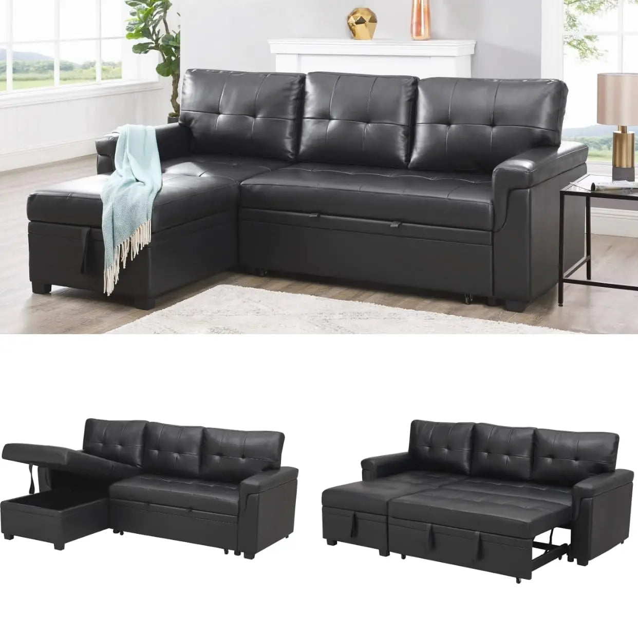 L Shaped Sleeper Sofa Bed with Storage & Pull Out Chaise Small Sectional Couch Living Room Air Leather Customized