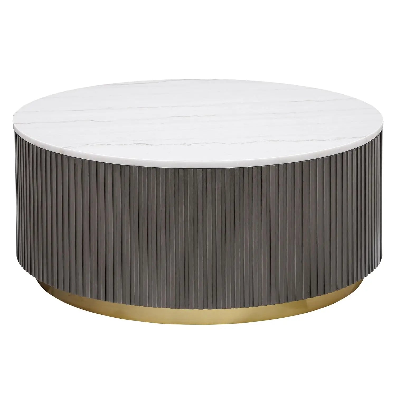 Modern Coffee Table with Reeded Drum Base, Gold Ring Accent
