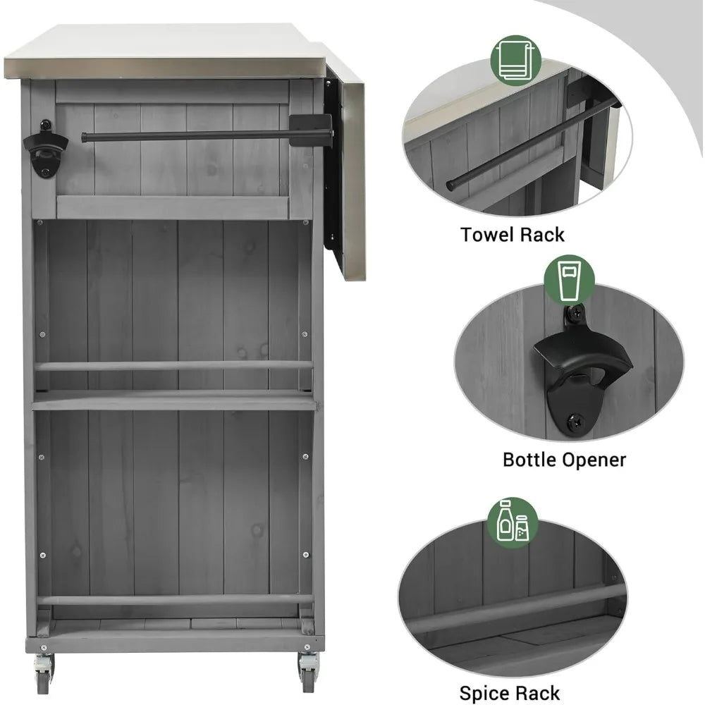 Stainless Steel Top Merax XL Outdoor Table with Storage Cabinet for Kitchen Prep and Grilling Accessories