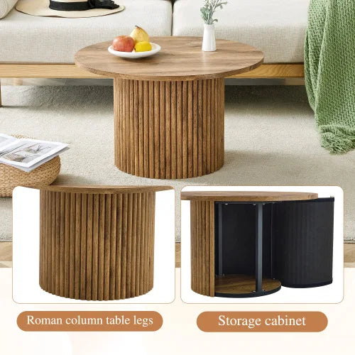 A Modern Circular coffee table with storage.