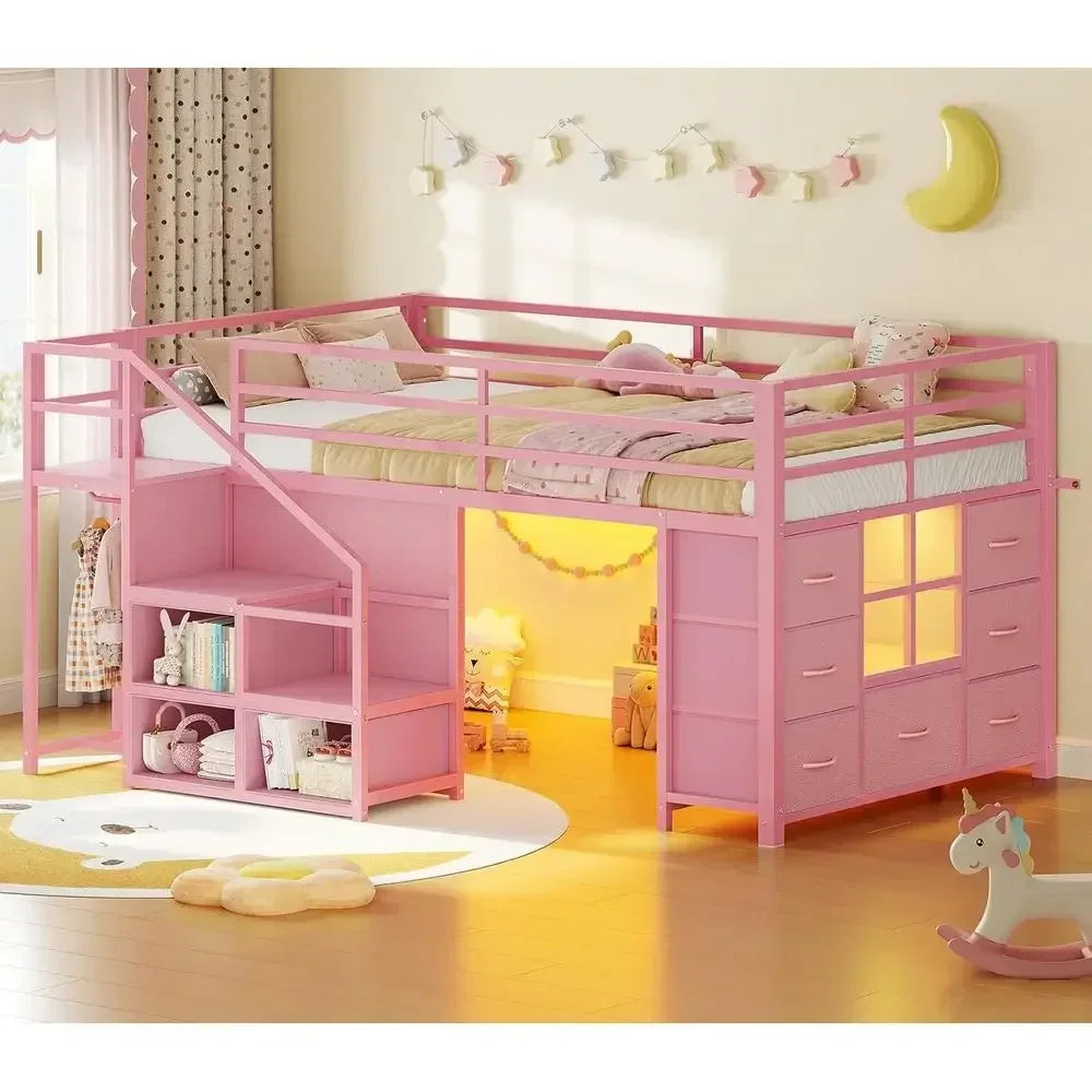 Twin Size Pink Kids Loft Bed with Stairs, LED Lights, and Play Area