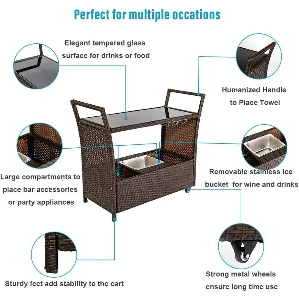 Hot-sellingRattan Outdoor Bar Cart on Wheels with Ice Bucket and Glass Top for Serving Drinks