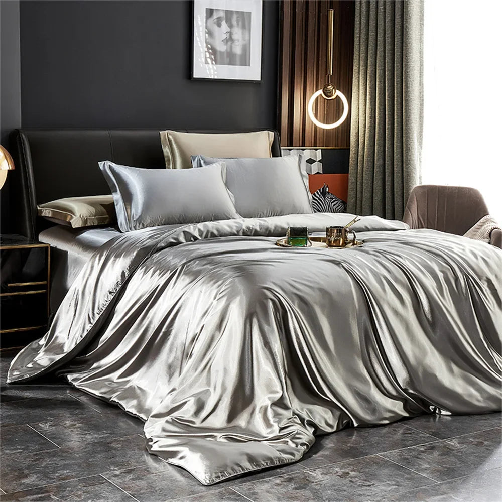 Solid Silk Bedding Set with Duvet Cover Bed Sheet Pillowcases