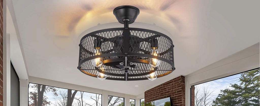 Caged Ceiling Fan with Light: 20/26" Farmhouse Fandelier Ceiling Fan with Remote for Low Profile Indoor Bedroon Kitchen Living