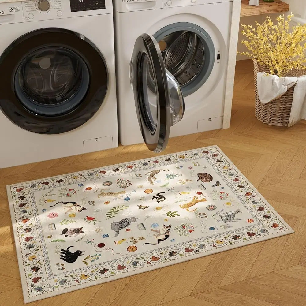 2X3 Rug Washable Boho Floral Animal Cat Small Area Rug