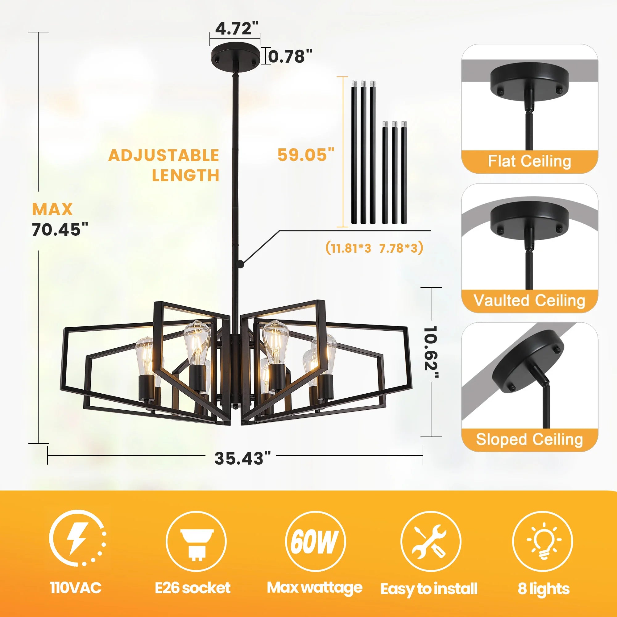 Modern 8-Light Geometric Chandelier Metal Pendant Light , Black or Golden Frame