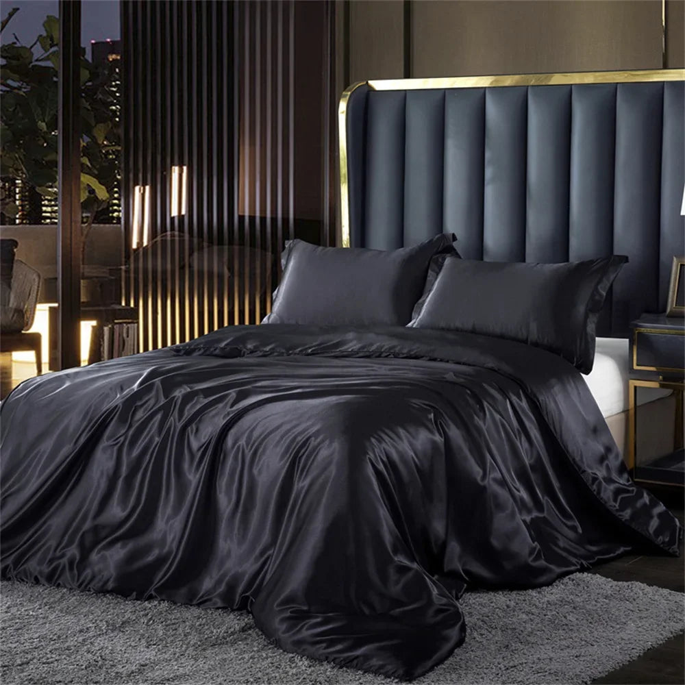 Solid Silk Bedding Set with Duvet Cover Bed Sheet Pillowcases
