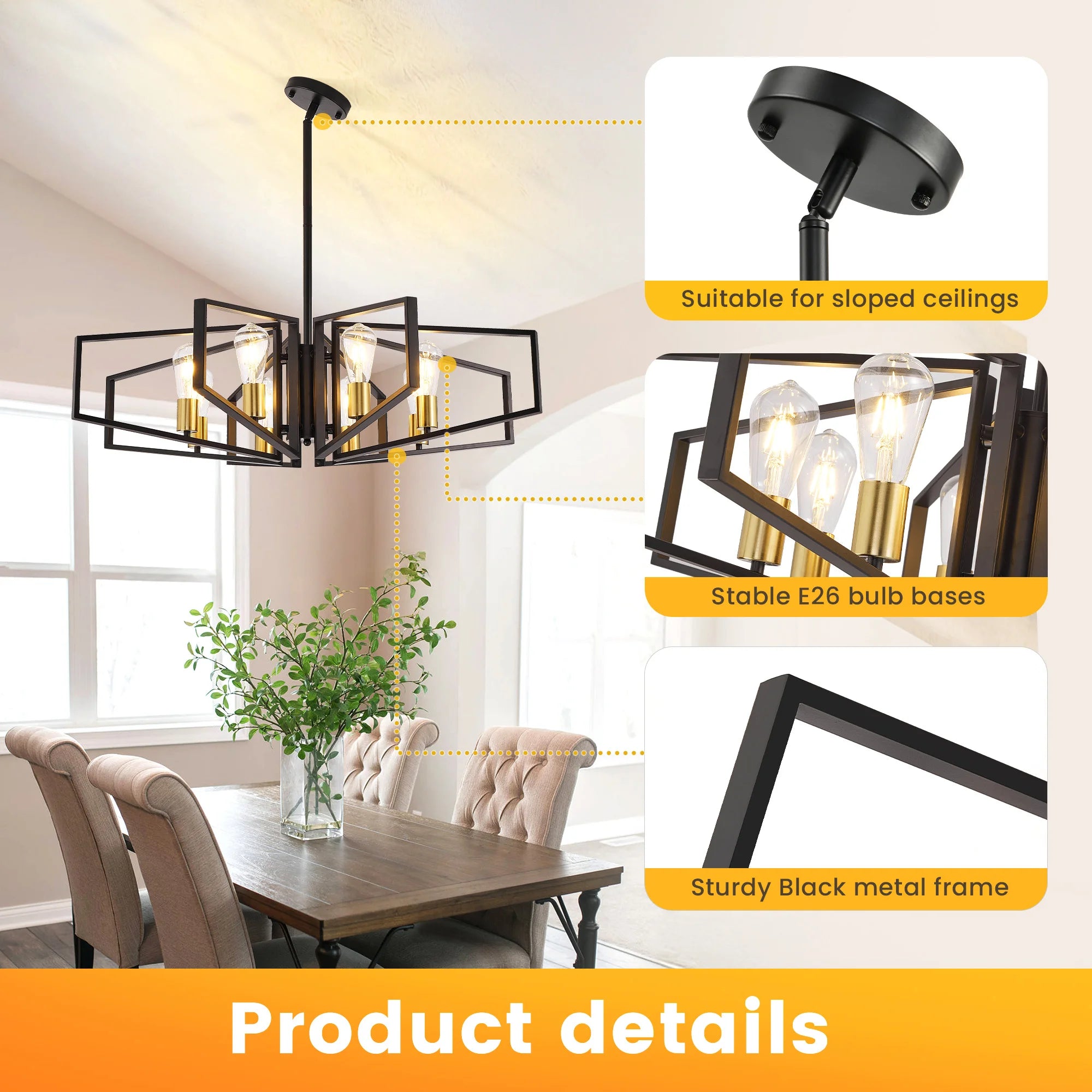 Modern 8-Light Geometric Chandelier Metal Pendant Light , Black or Golden Frame