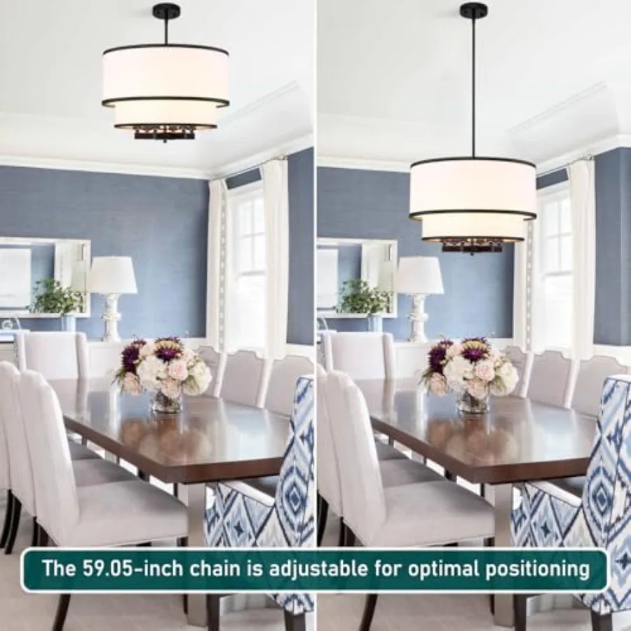 20" Modern Black Double with Fabric Shade,6-Light Pendant Light
