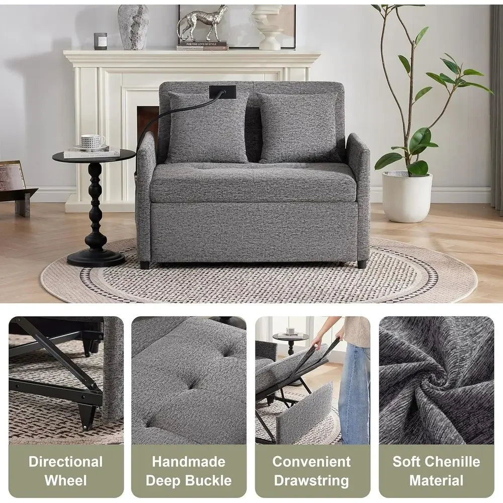 Hot-sellingConvertible Sofa Bed with USB Ports, 3-in-1 Sleeper, Grey