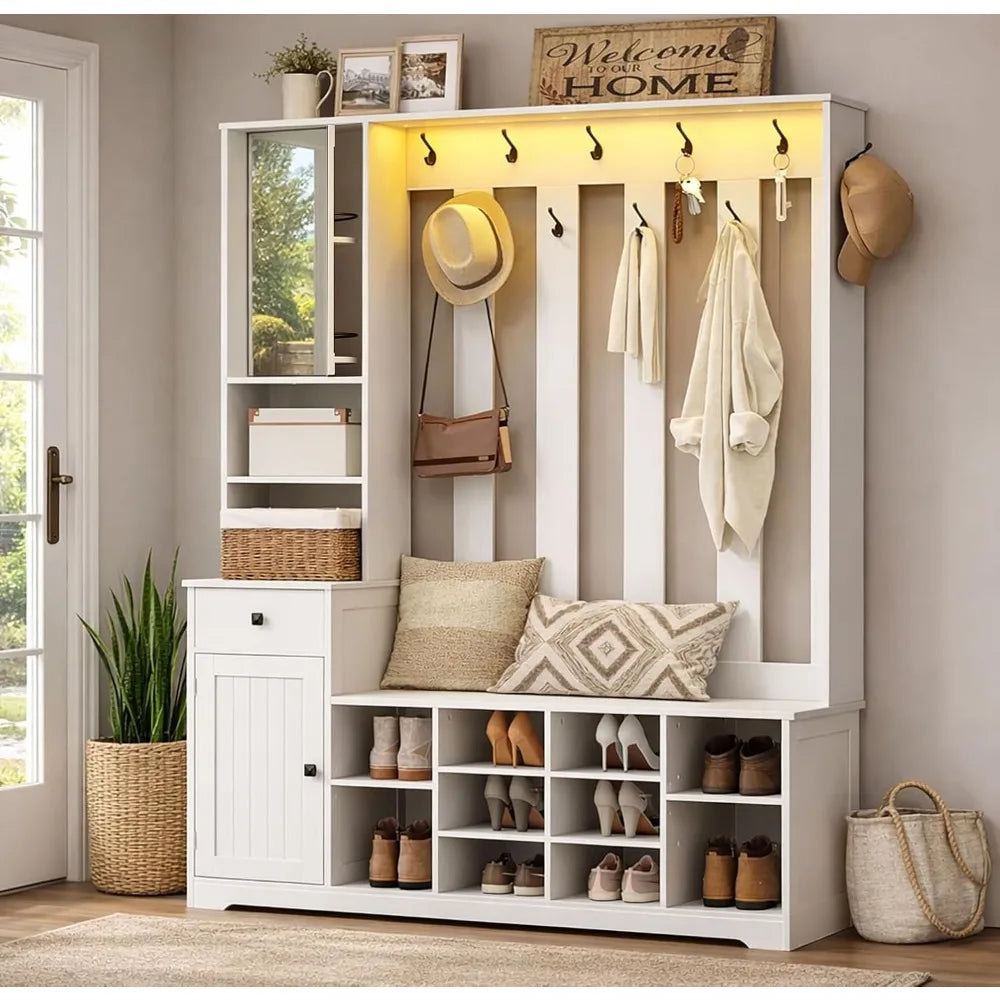 Hall Tree with Bench and Shoe Storage, 59.1" Farmhouse Entryway Bench with Coat Rack and Fabric Drawer, Customized