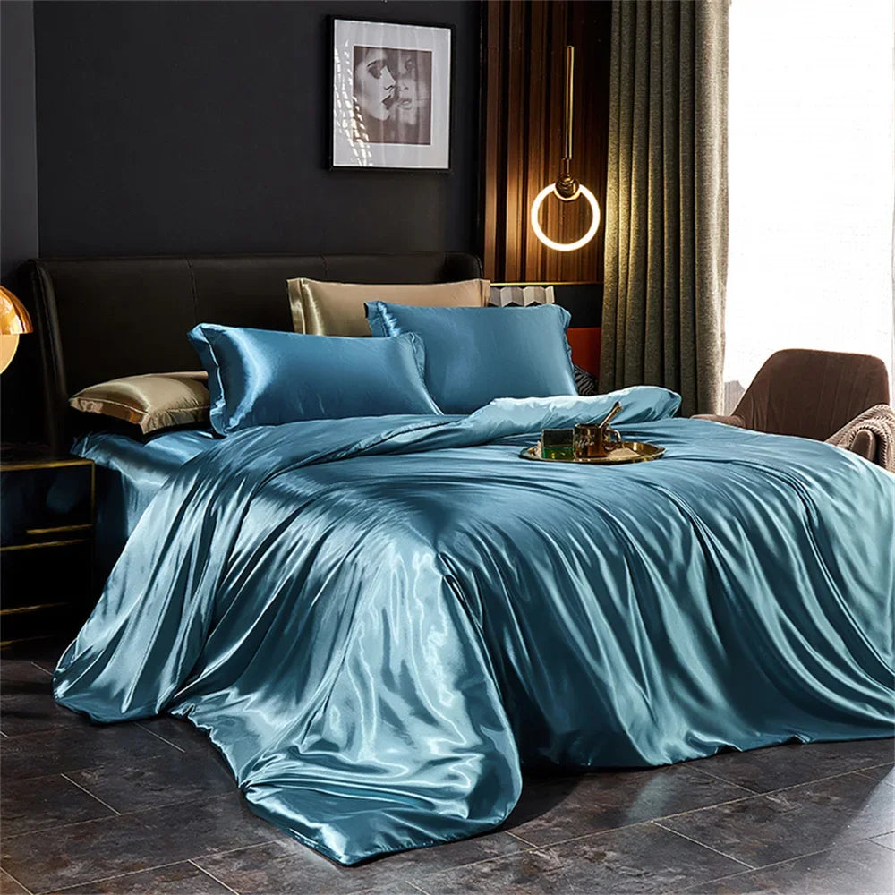 Solid Silk Bedding Set with Duvet Cover Bed Sheet Pillowcases