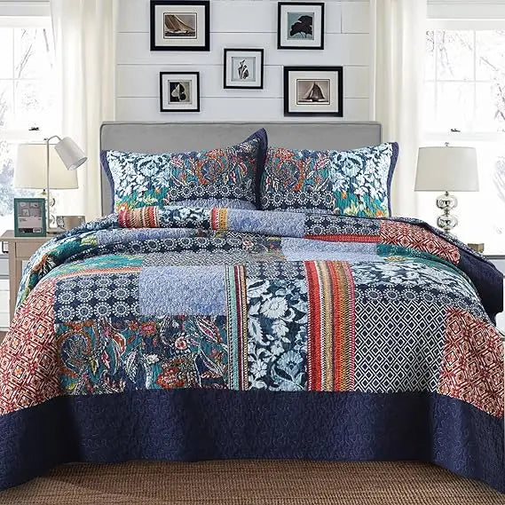 King Quilt Set Reversible Bohemian Paisley Patchwork 3-Piece