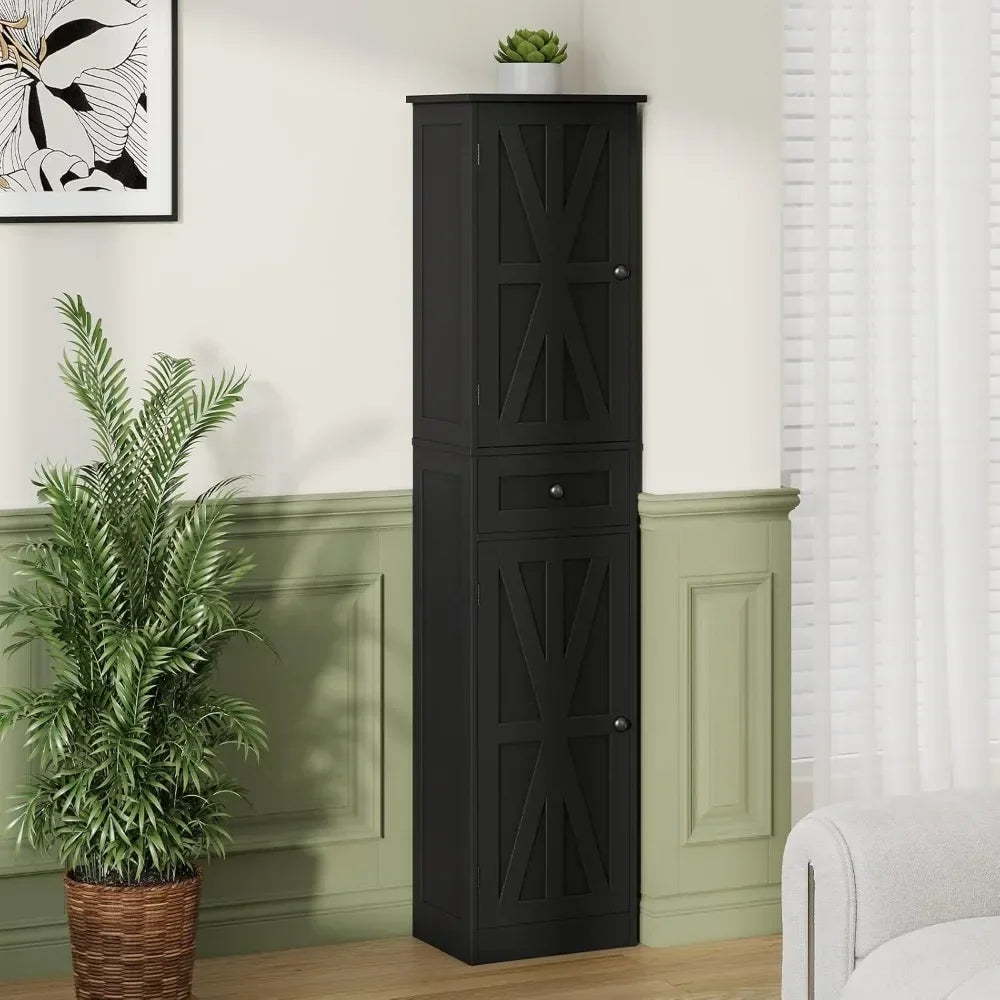 Bestseller 67" h Bathroom Narrow cabinet, 2 barn doors and 1 drawer, freestanding