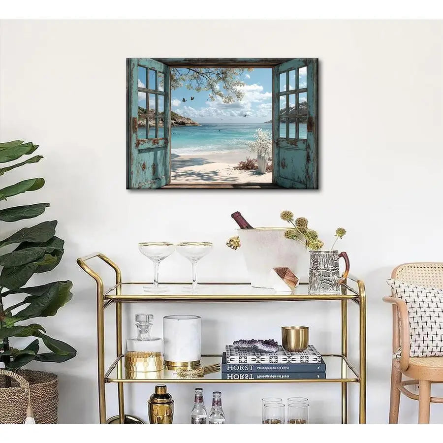 Beach canvas Wall Art Blue Coastal Ocean Windows