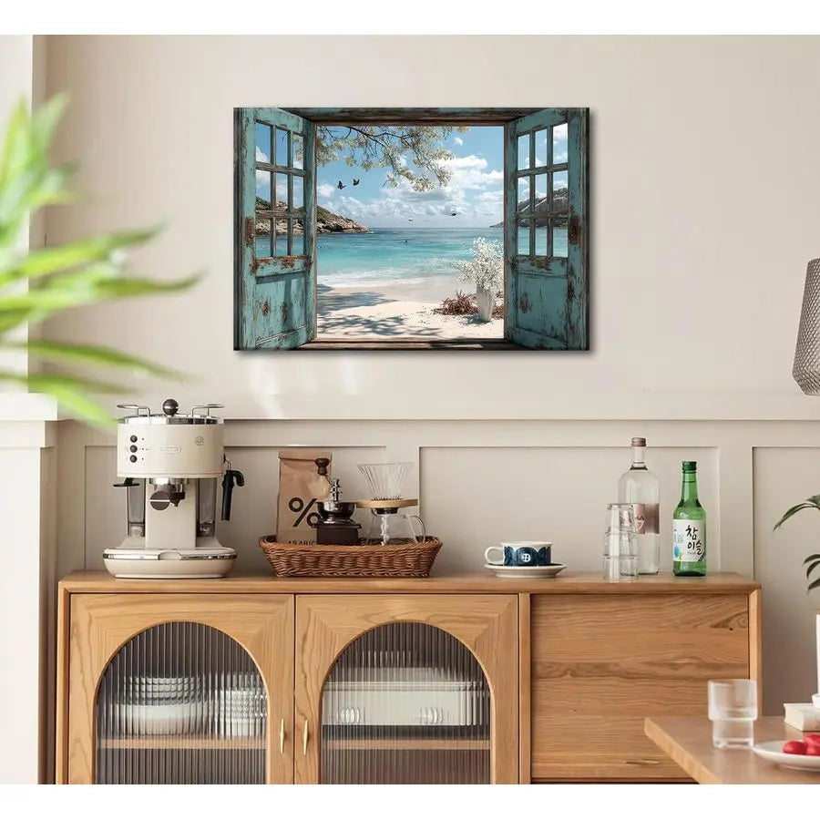 Beach canvas Wall Art Blue Coastal Ocean Windows