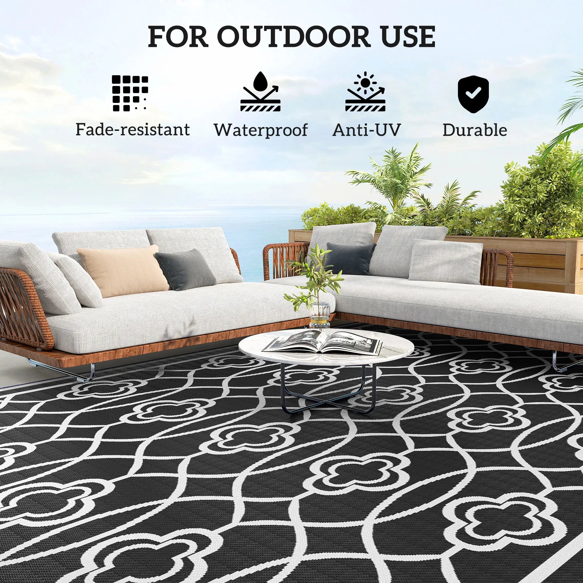 Black White Lantern Outdoor Rug, 9' x 18' Floor Mat