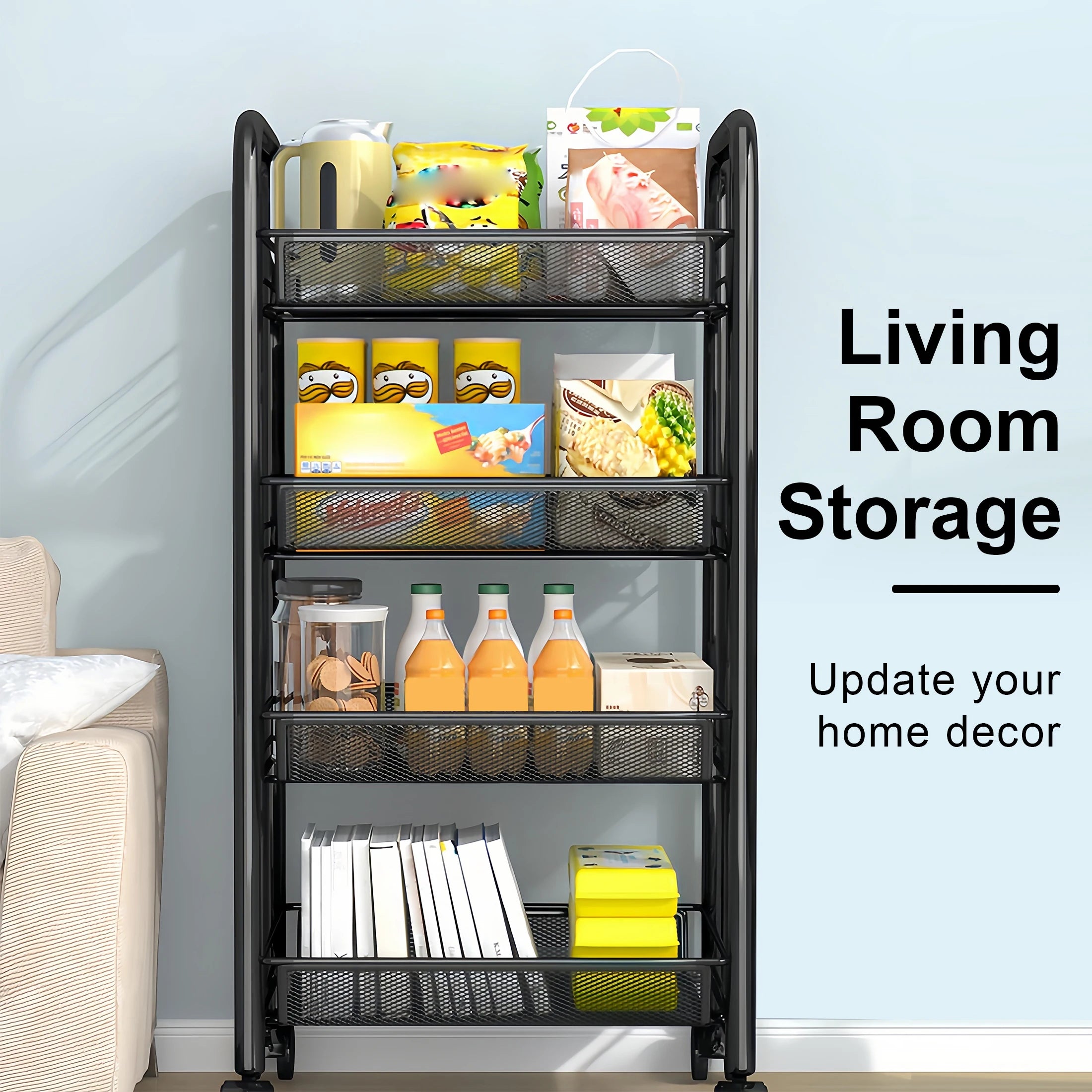 Multilayer Kitchen Storage Rack Metal Utility Cart Stackable with Wheels