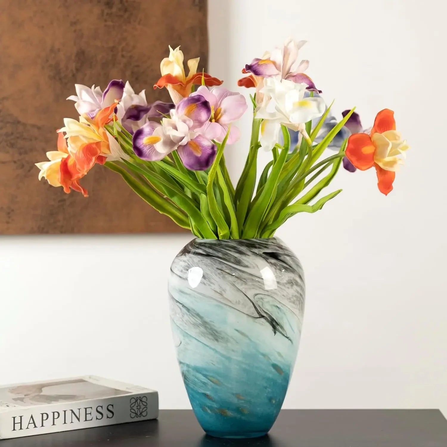 11" H Teal Glass Vases for Flowers, Unique Hand Blown