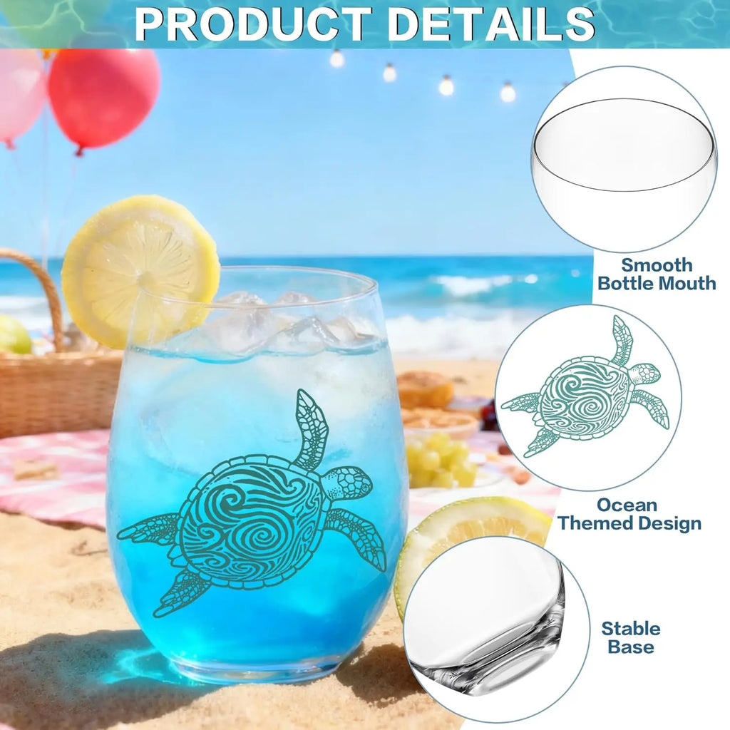 4 PCS Ocean Stemless Wine Glasses-17 Oz Coastal Glassware Gifts for Beach Lovers-Sea Turtle,Seashell,Starfish,Conch Wine