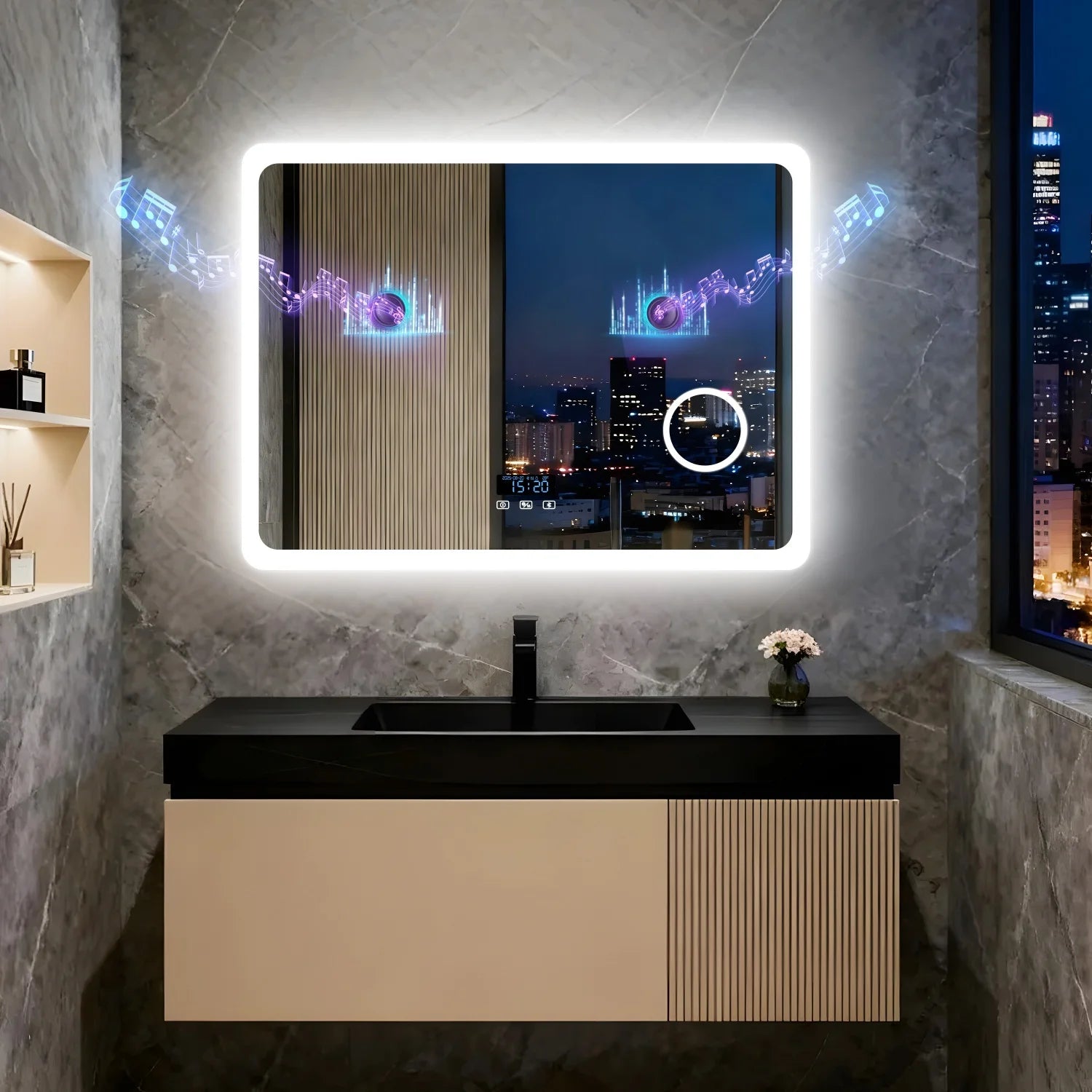 LED Bathroom Mirror with Bluetooth Dimmable Backlit Vanity Mirror with 3X Magnifier and Screen Display