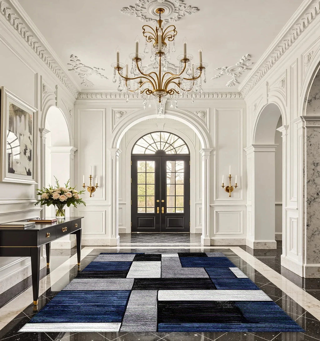 Stunning Modern Geometric Patchwork Area Rug ,Blue Black Gray