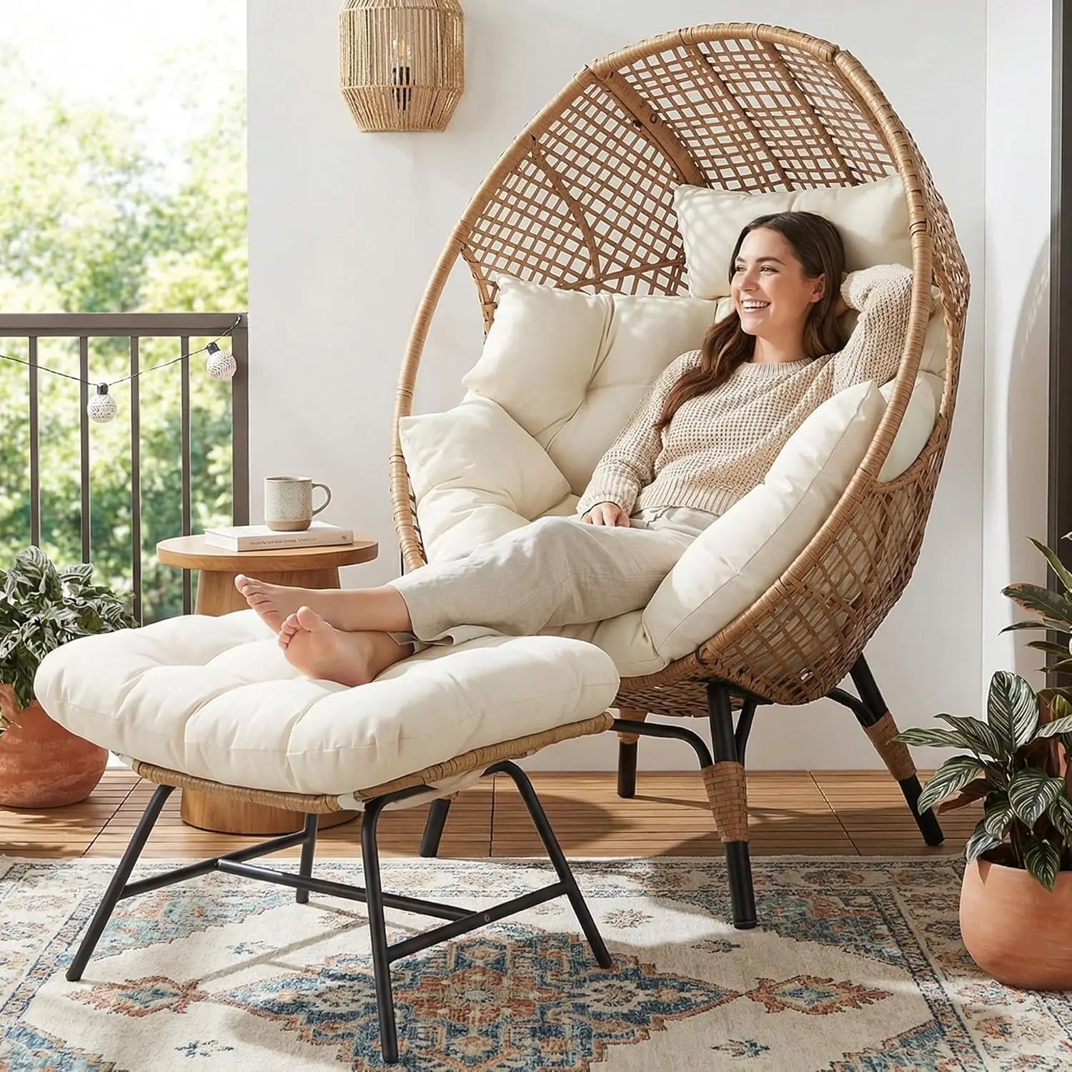 Indoor Outdoor Egg Chair with Ottoman Thick Cushioned Lounge w/Footrest
