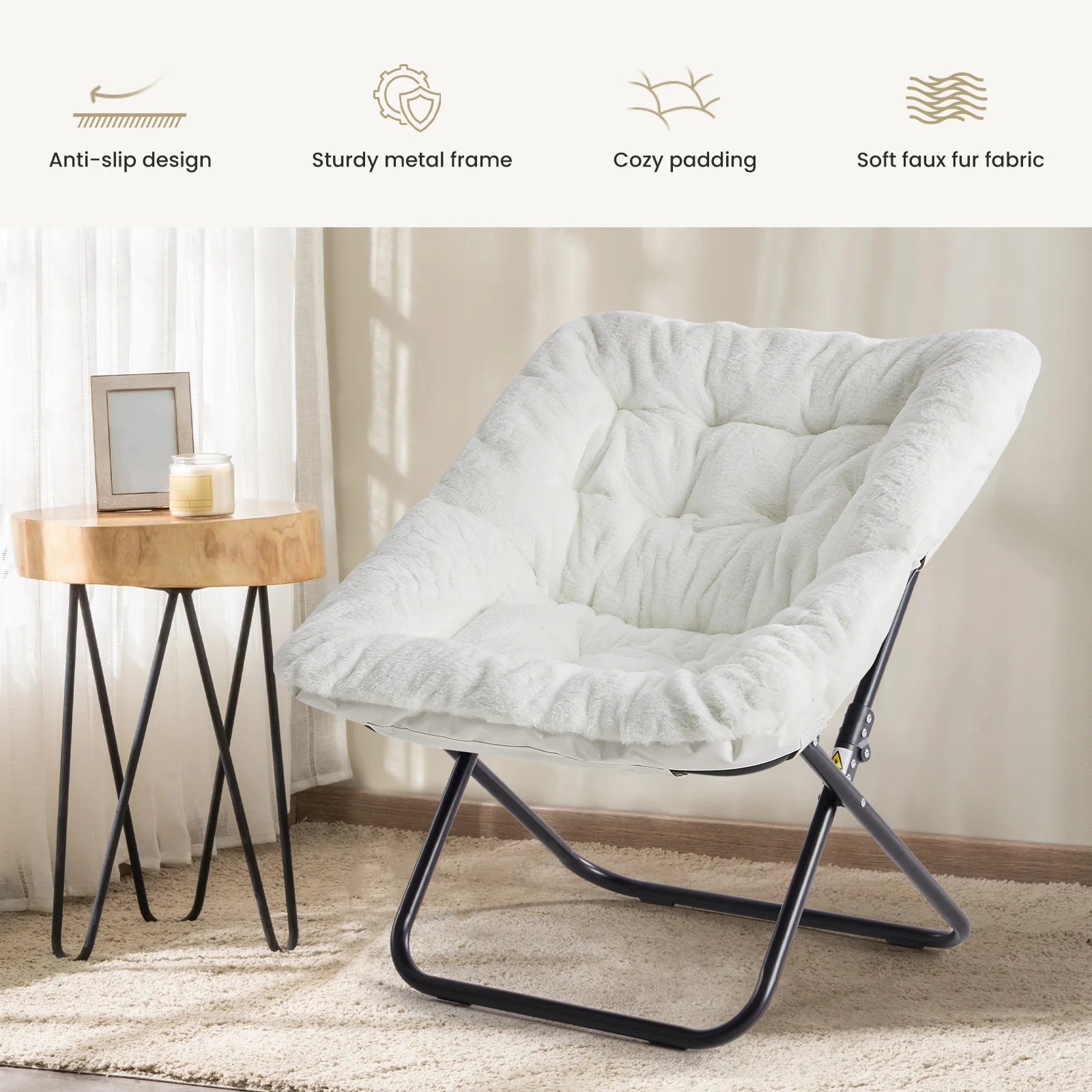 Modern Cozy Saucer Chairs Soft Faux Fur Large Size, Folding