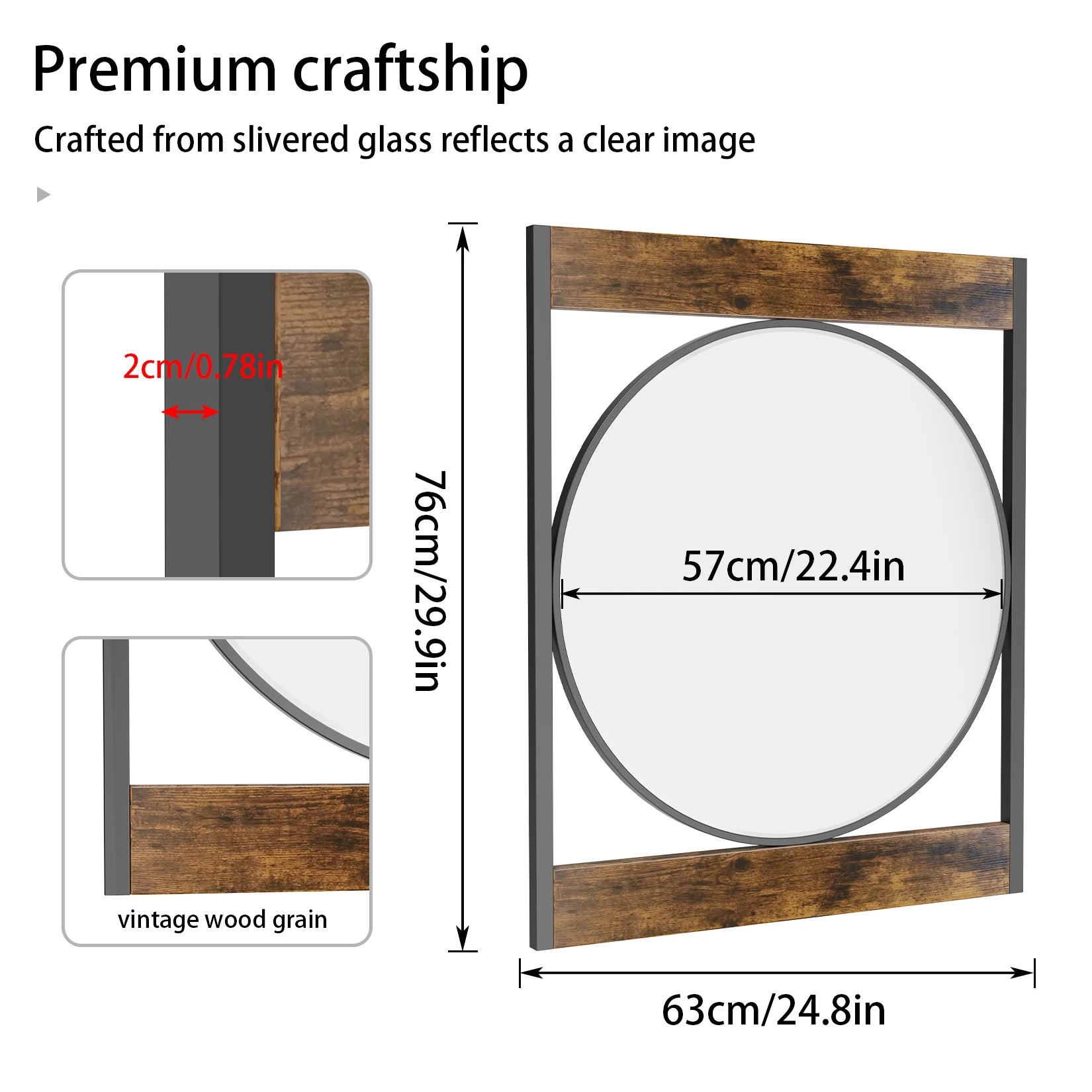 Industrial Metal Wood Frame Mirror 63x76CM