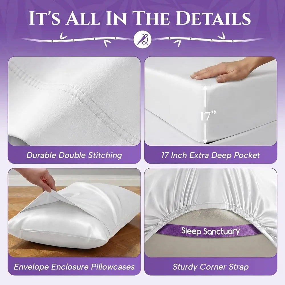Cooling Sheets Set for Hot SleepersKing Size 6-Piece Bamboo Viscose  - Cloud Soft(White)