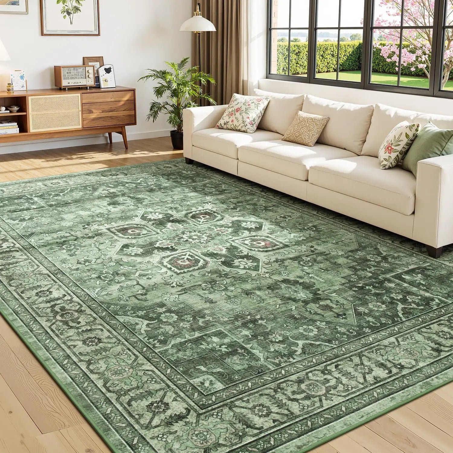 Perfect Farmhouse Boho Floral Sage Green 8x10 Vintage Area Rug