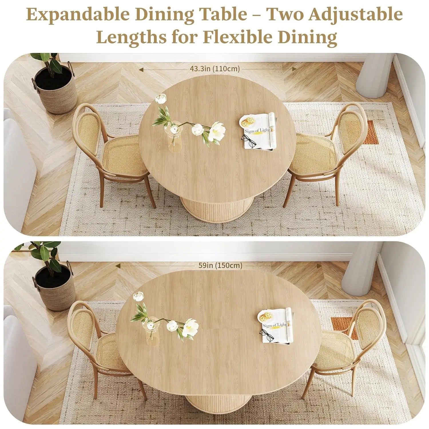 Round-to-Oval Dining Table Hidden Storage and Extendable