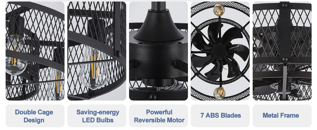 Caged Ceiling Fan with Light: 20/26" Farmhouse Fandelier Ceiling Fan with Remote for Low Profile Indoor Bedroon Kitchen Living
