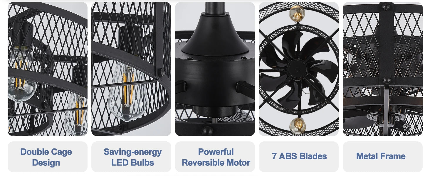 Caged Ceiling Fan with Light: 20/26" Farmhouse Fandelier Ceiling Fan with Remote for Low Profile Indoor Bedroon Kitchen Living