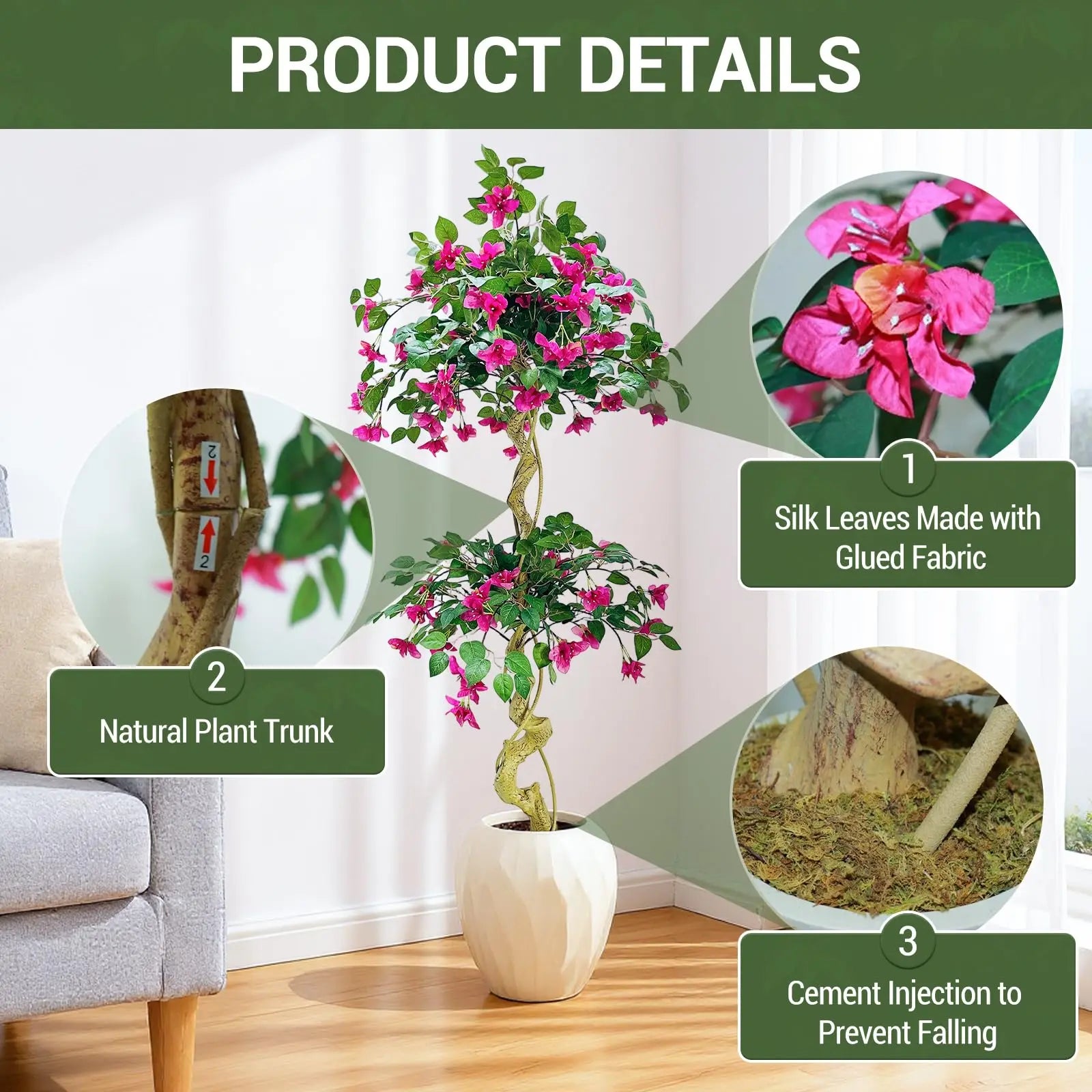 Lifelike Artificial Bougainvillea Tree in White Pot Realistic Silk Foliage