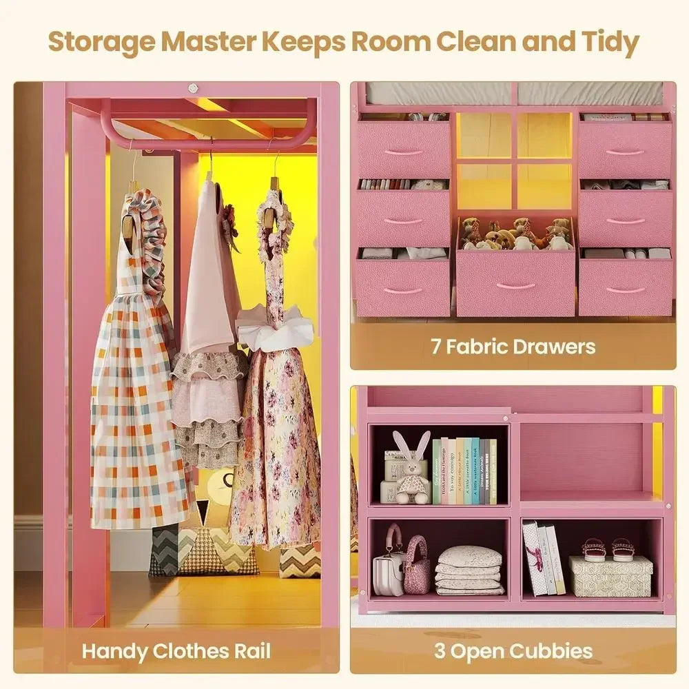 Twin Size Pink Kids Loft Bed with Stairs, LED Lights, and Play Area