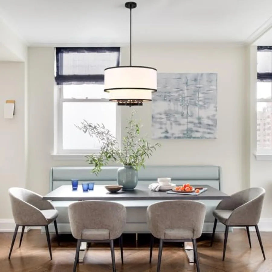 20" Modern Black Double with Fabric Shade,6-Light Pendant Light