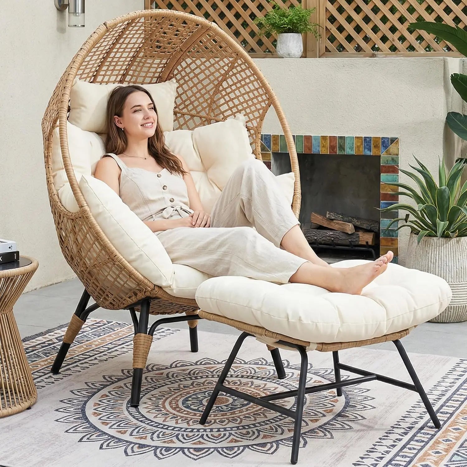 Indoor Outdoor Egg Chair with Ottoman Thick Cushioned Lounge w/Footrest