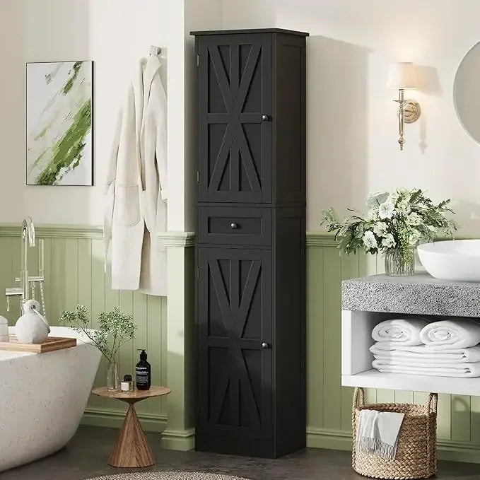 Bestseller 67" h Bathroom Narrow cabinet, 2 barn doors and 1 drawer, freestanding