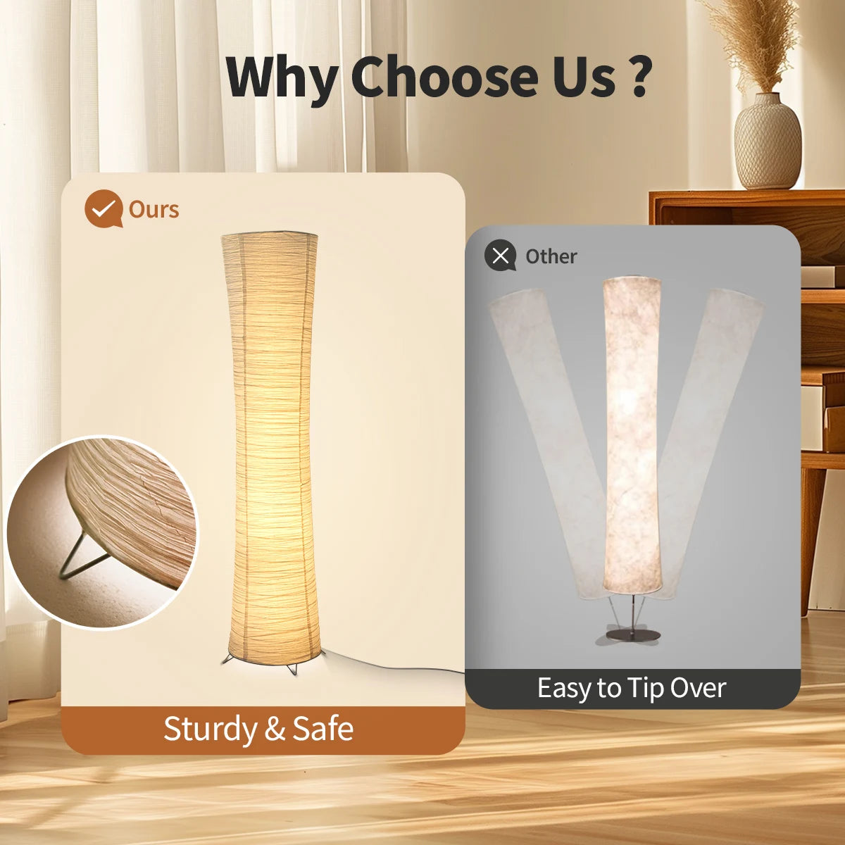 Paper floor lamp, paper and chrome-plated standing lamp, LED light strip